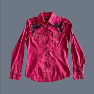 Life Style Y2K‎ Adult S/M Western Snap Button Up Embroidered Red VTG Faded Shirt